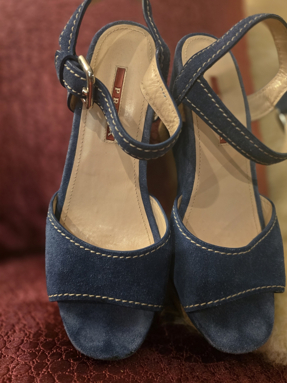 PRADA GENUINE Blue Suede Wedge Sandals with Ankle Strap - Picture 11 of 16